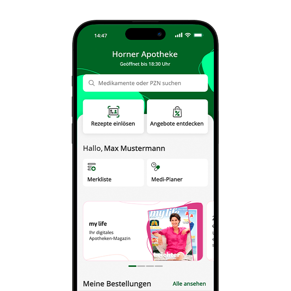 Screenshot der mobilen App der Horner Apotheke: Startbildschirm mit Funktionen wie „Rezepte einlösen“, „Angebote entdecken“, Merkliste, Medi-Planer sowie dem digitalen Apotheken-Magazin „my life“ – benutzerfreundliches Design zur einfachen Medikamentenverwaltung und Apothekenservices.
