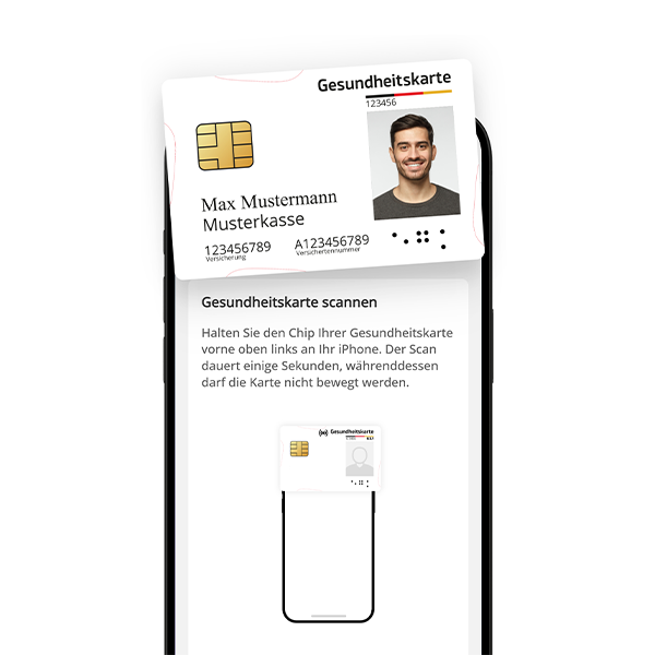 Anleitung in der Horner Apotheke App zum Scannen der Gesundheitskarte per iPhone: Abbildung mit digitaler Gesundheitskarte und Text zur Nutzung der NFC-Funktion zur einfachen Einlösung von E-Rezepten – digitale Gesundheitsversorgung leicht gemacht.