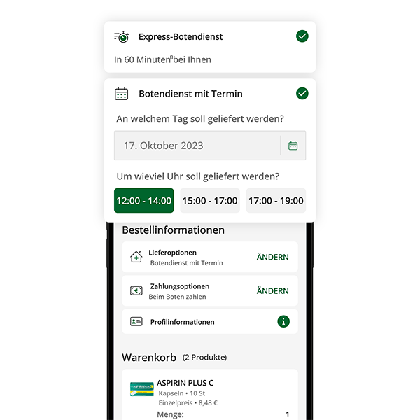 App-Screenshot der Horner Apotheke mit Express-Botendienst: Auswahl zwischen Lieferung in 60 Minuten oder Terminbotendienst, inkl. Zeitfenster, Bestellinformationen, Zahlungsoptionen und Warenkorb mit Medikamenten – schneller Apotheken-Lieferservice für maximale Flexibilität.