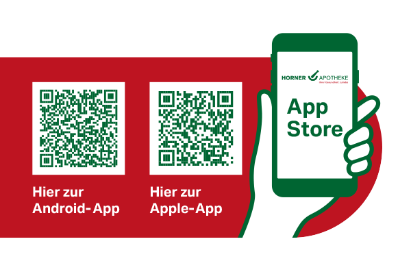 Download-Grafik der Horner Apotheke App mit QR-Codes für Android- und Apple-Nutzer: Links QR-Code zur Android-App im Google Play Store, rechts QR-Code zur Apple-App im App Store – jetzt bequem mobil Medikamente bestellen und E-Rezepte einlösen.